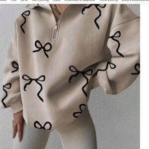 Loose Fit Half Zip Up Bow Print Casual Sweatshirt